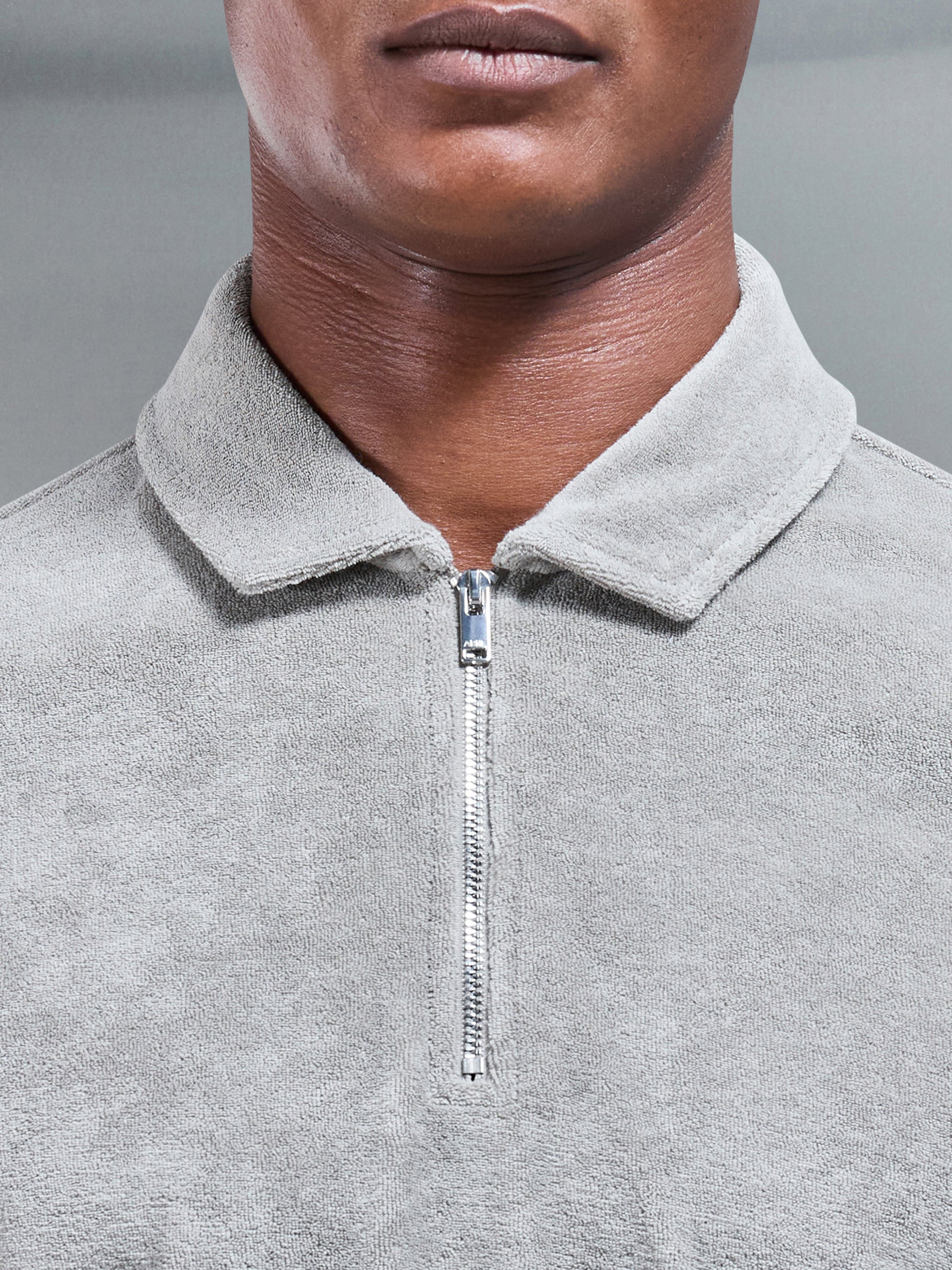 Towelling Zip Polo Shirt in Stone