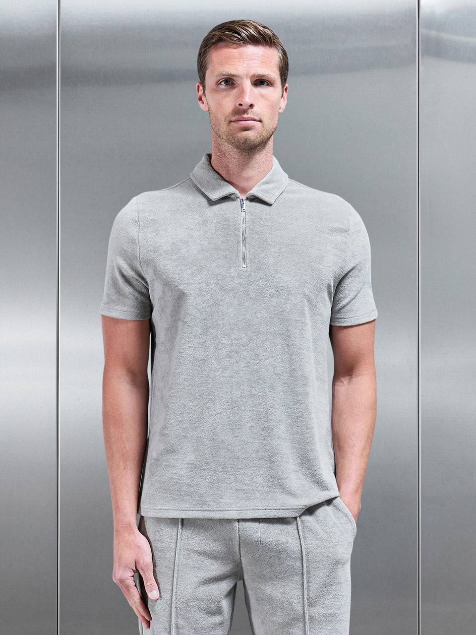 Towelling Zip Polo Shirt in Stone