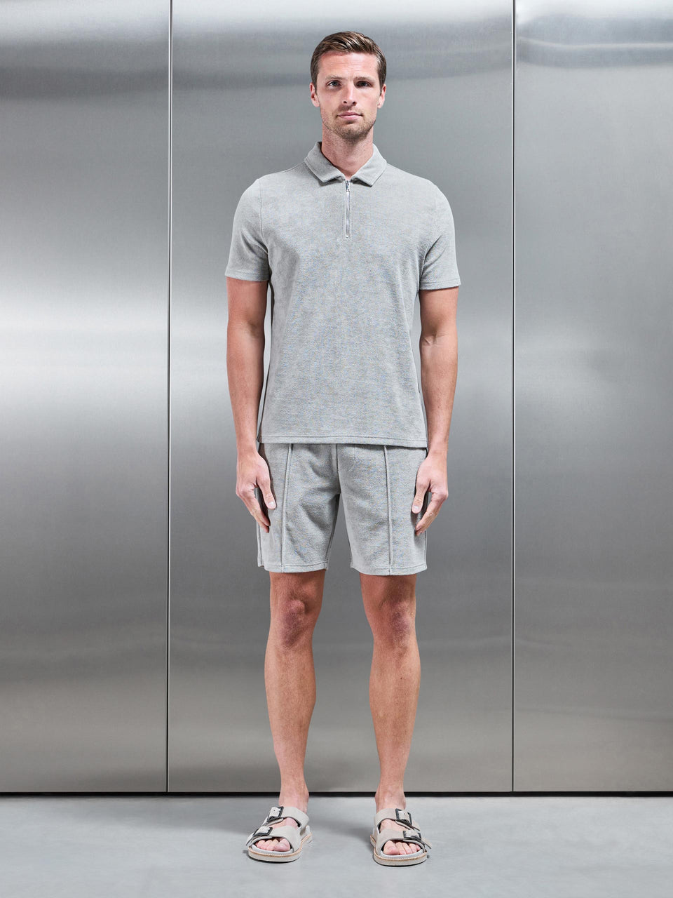Towelling Zip Polo Shirt in Stone