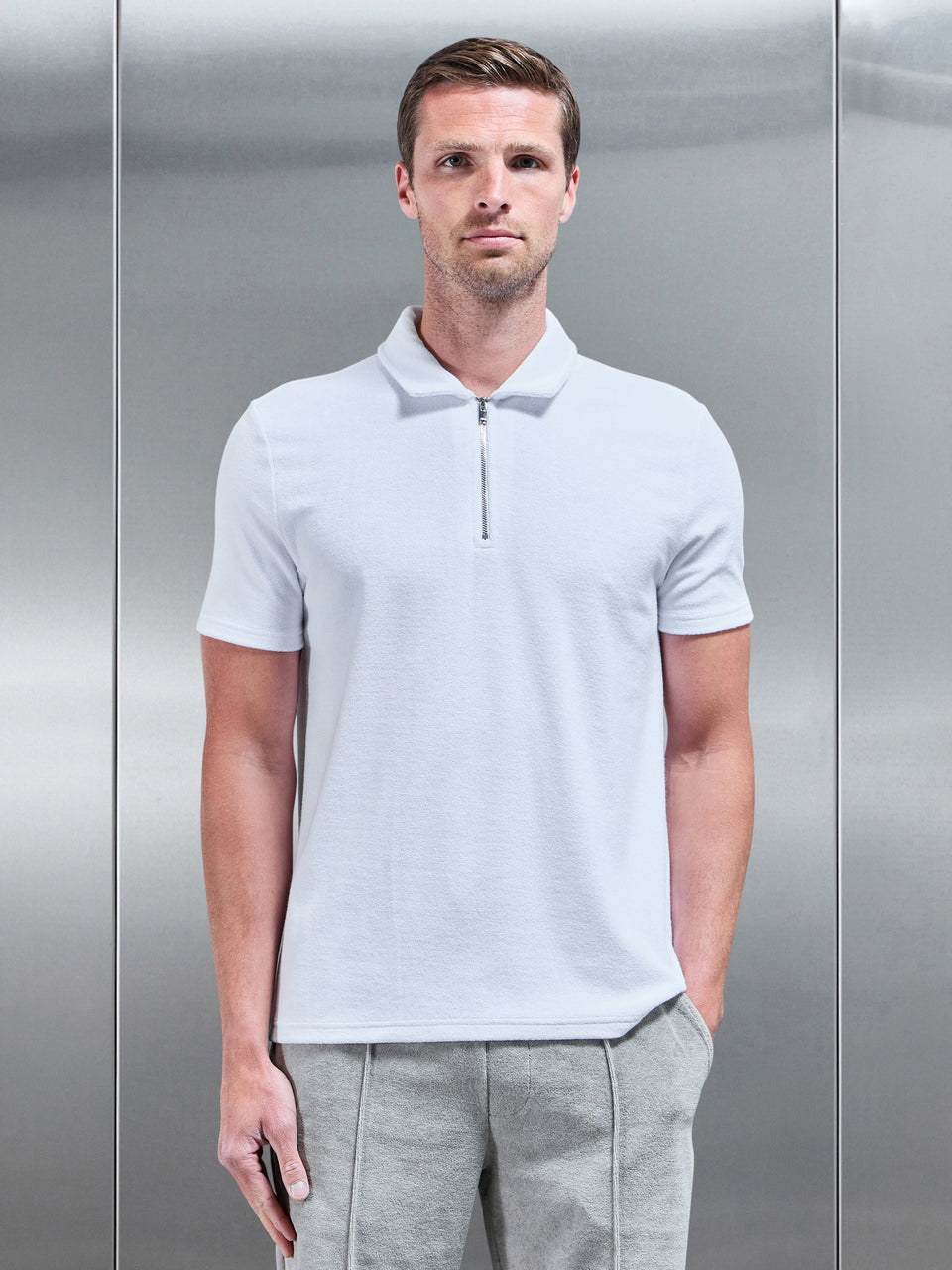 Towelling Zip Polo Shirt in White