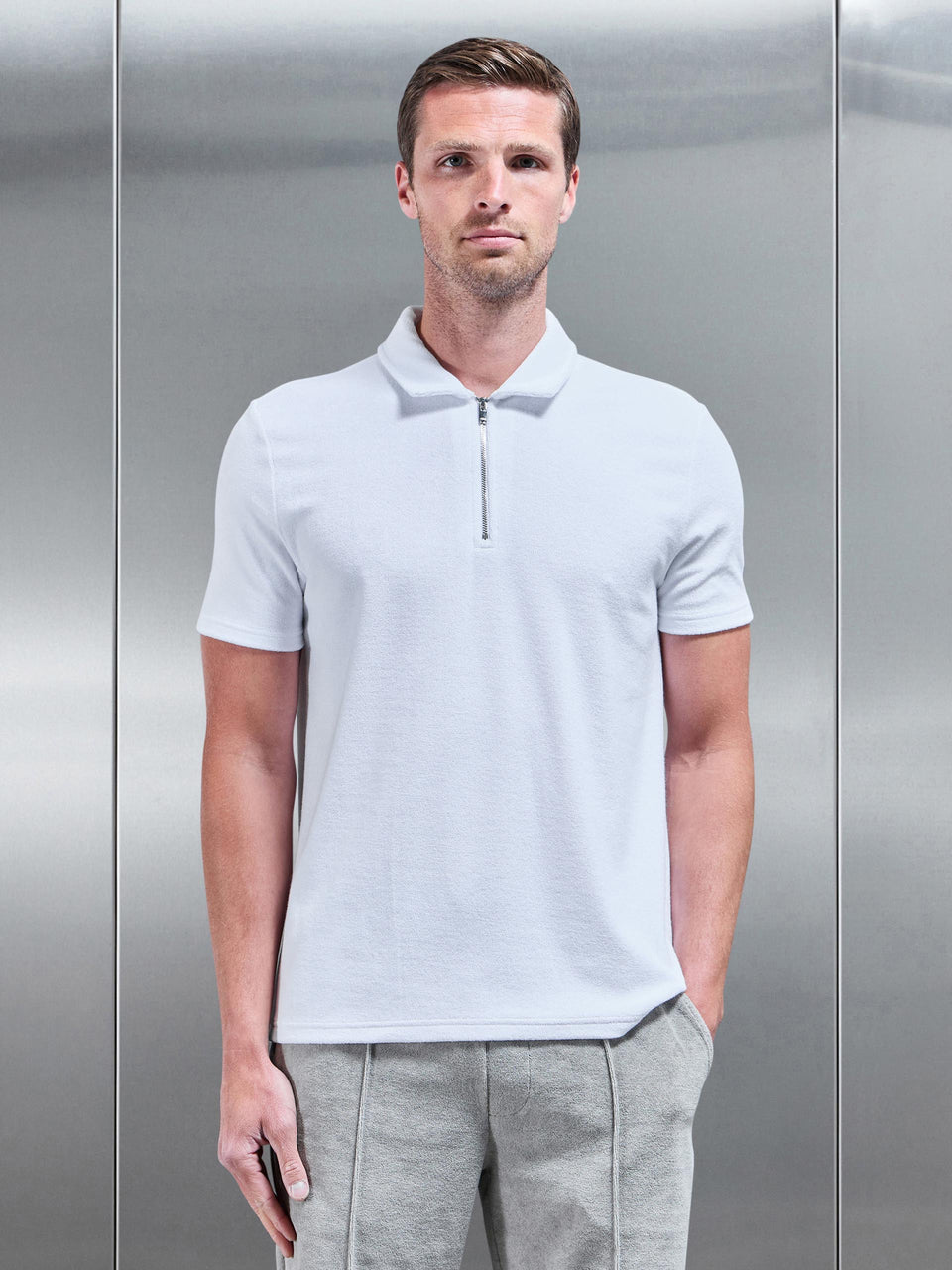 Towelling Zip Polo Shirt in White