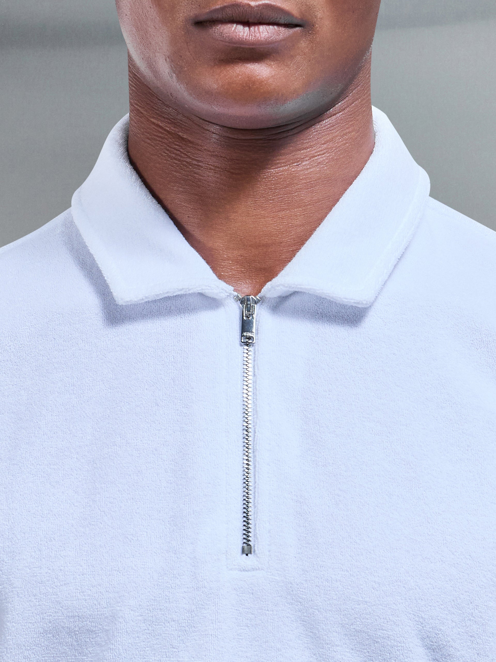 Towelling Zip Polo Shirt in White
