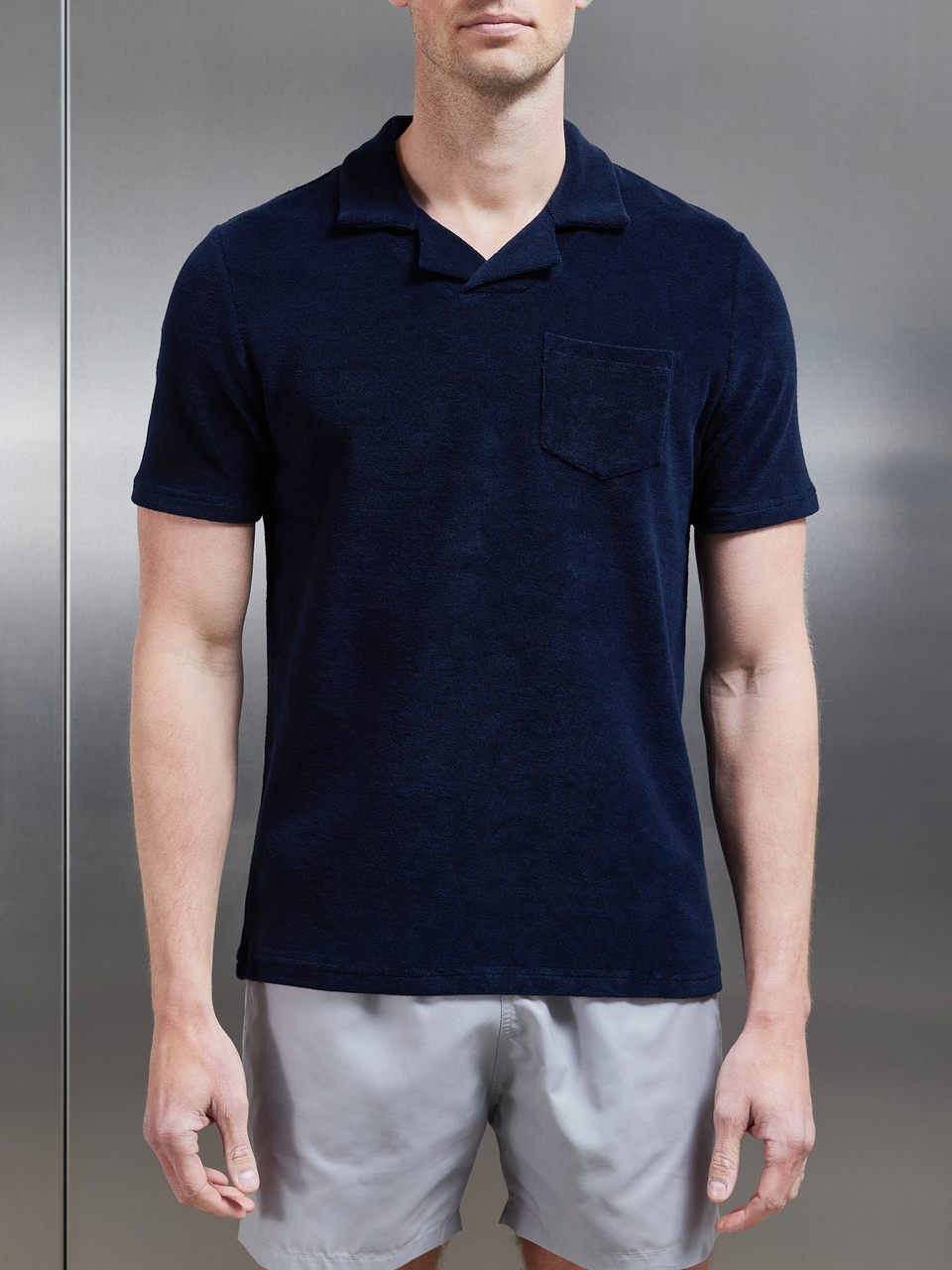 Towelling Revere Collar Polo Shirt in Navy