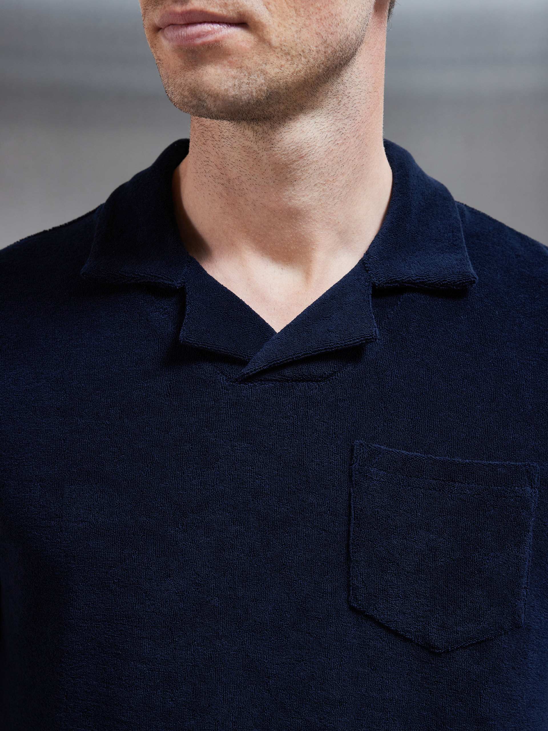 Towelling Revere Collar Polo Shirt in Navy