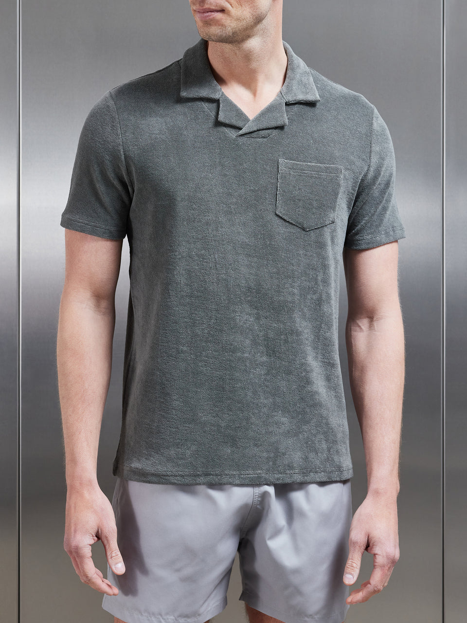 Towelling Revere Collar Polo Shirt in Sage
