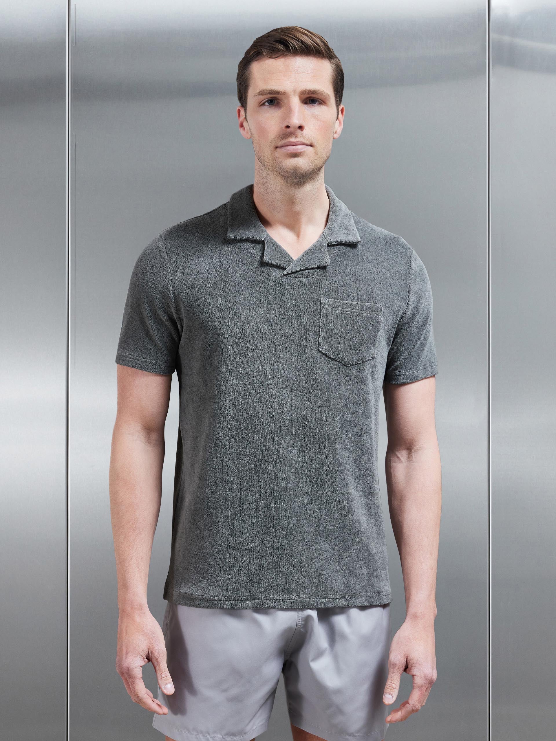 Towelling Revere Collar Polo Shirt in Sage
