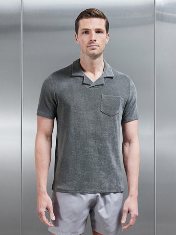 Towelling Revere Collar Polo Shirt in Sage