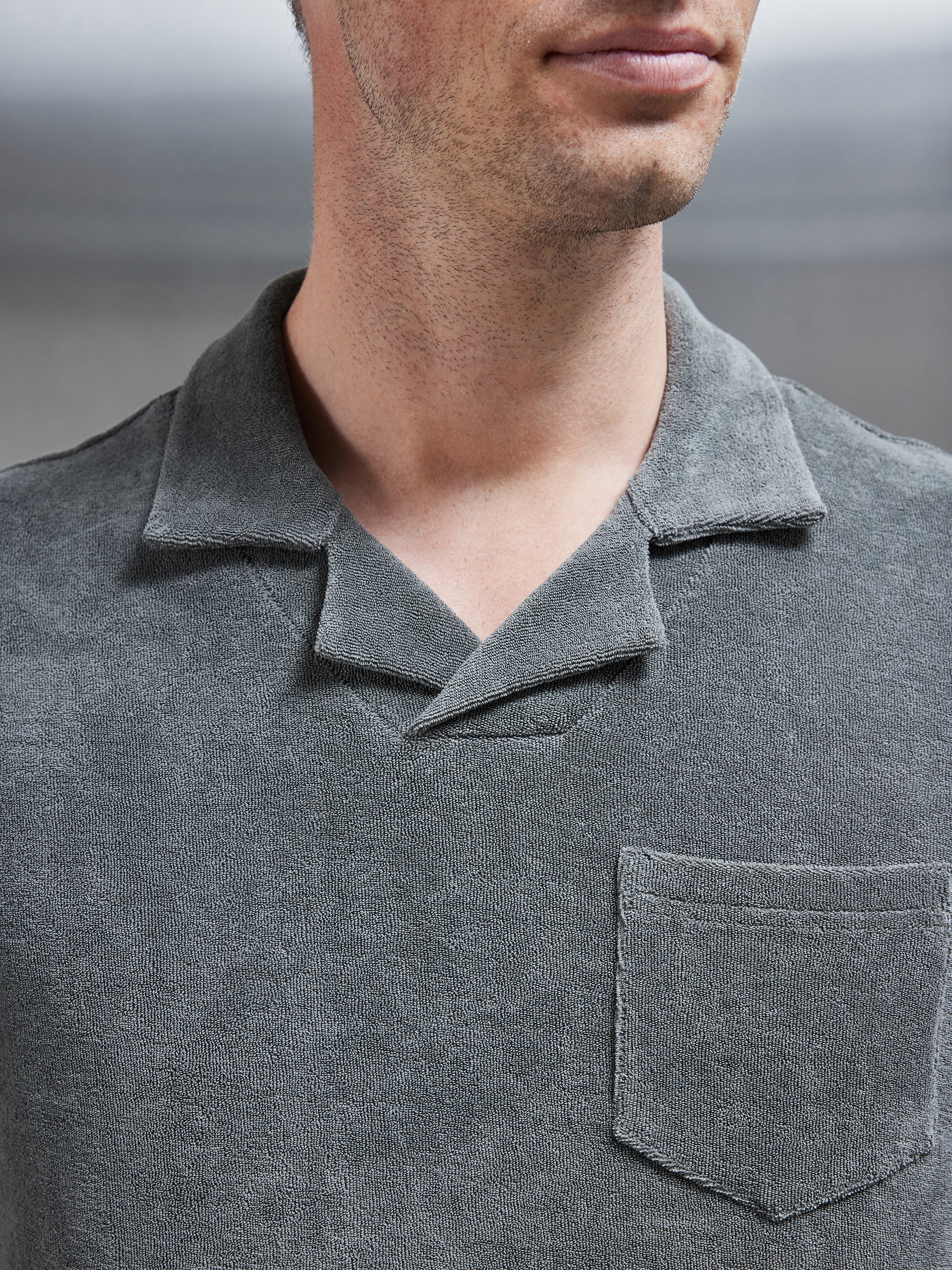 Towelling Revere Collar Polo Shirt in Sage