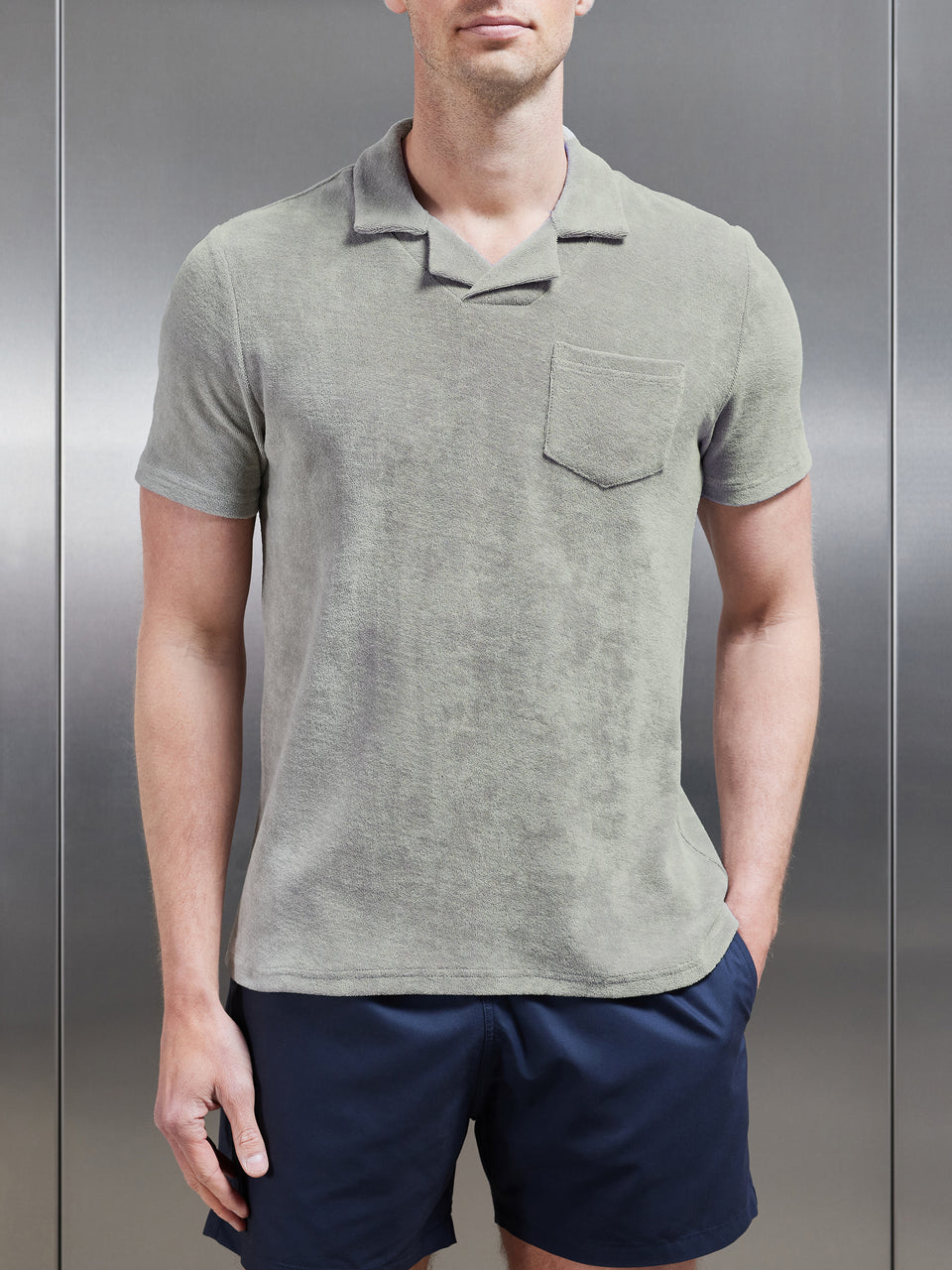 Towelling Revere Collar Polo Shirt in Stone