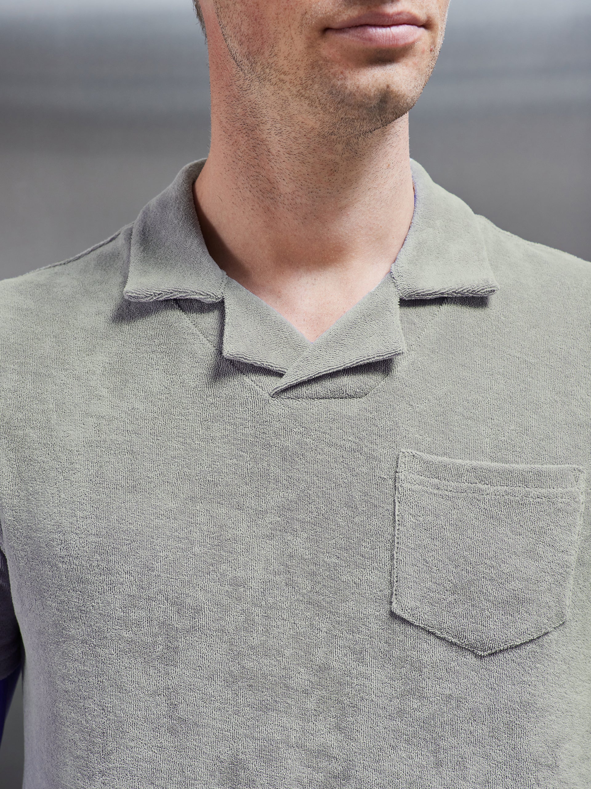 Towelling Revere Collar Polo Shirt in Stone