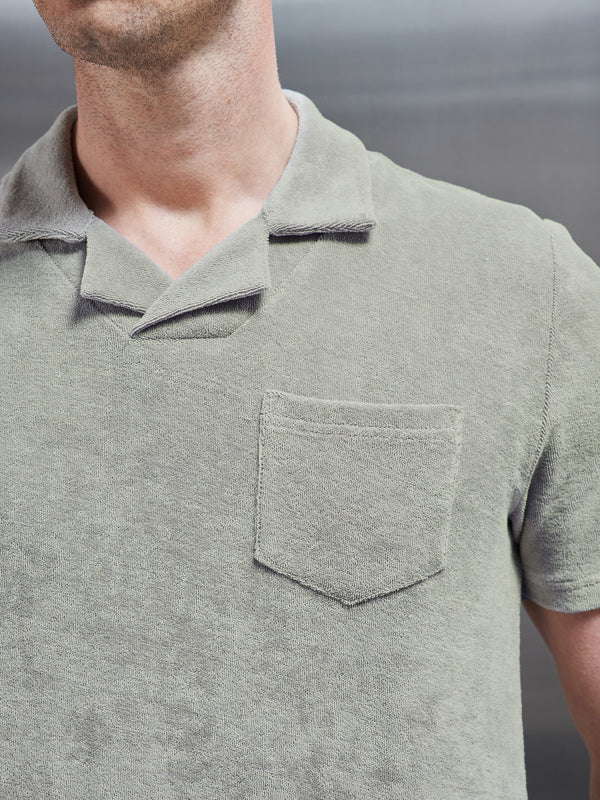 Towelling Revere Collar Polo Shirt in Stone