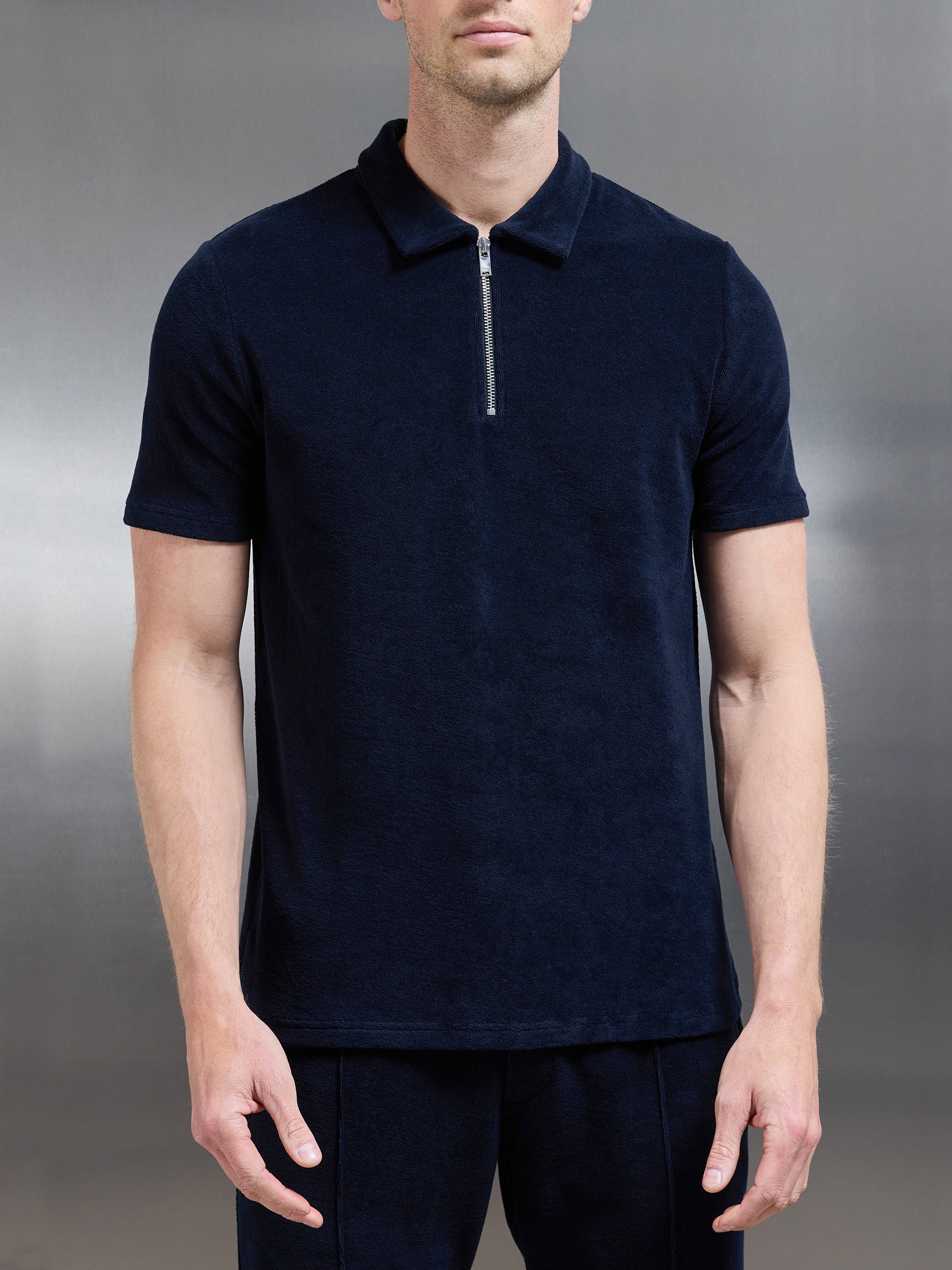 Towelling Zip Polo Shirt in Navy