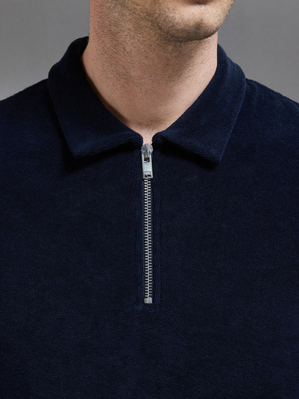 Towelling Zip Polo Shirt in Navy