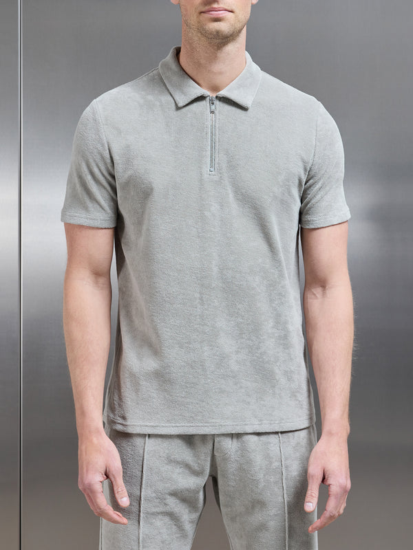 Towelling Zip Polo Shirt in Stone