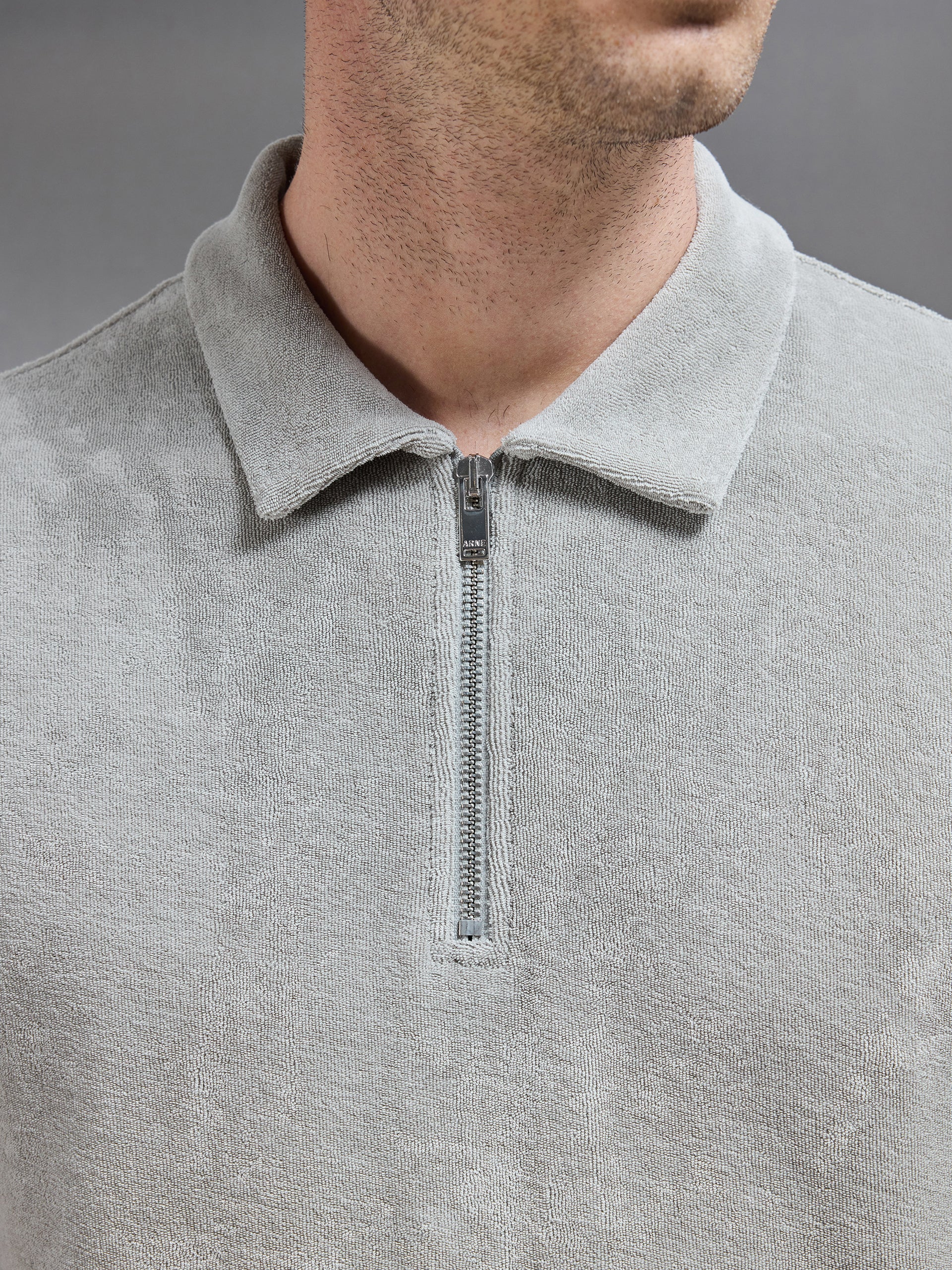 Towelling Zip Polo Shirt in Stone