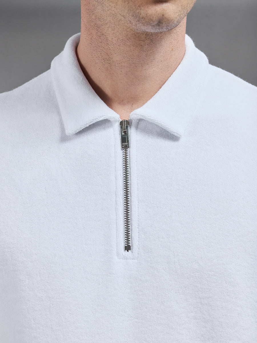 Towelling Zip Polo Shirt in White