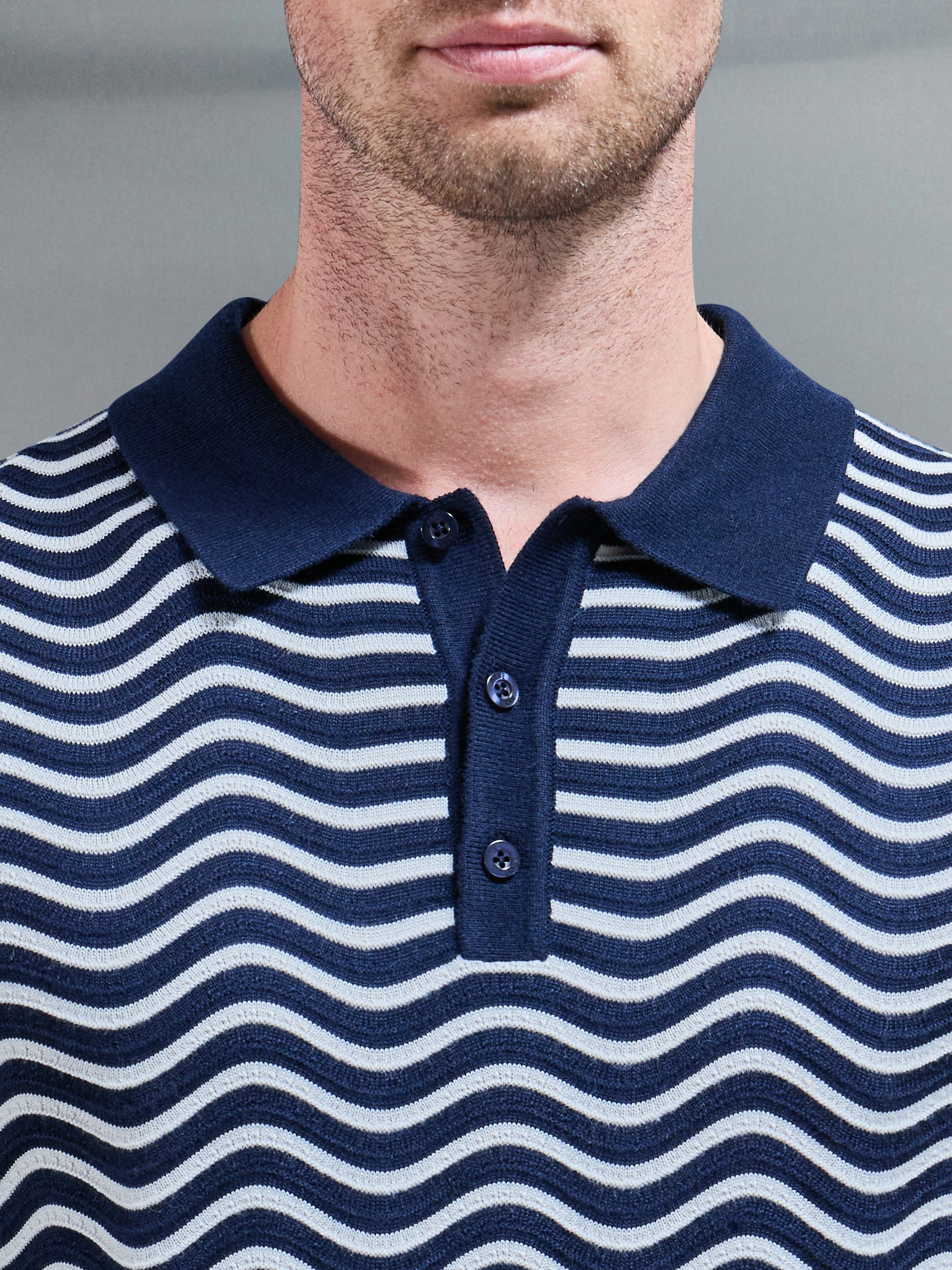 Wave Knitted Button Polo Shirt in Navy Mid Grey