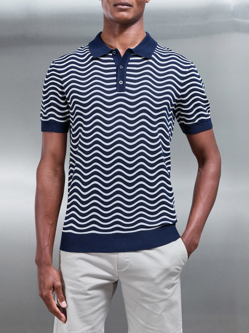 Wave Knitted Button Polo Shirt in Navy Mid Grey
