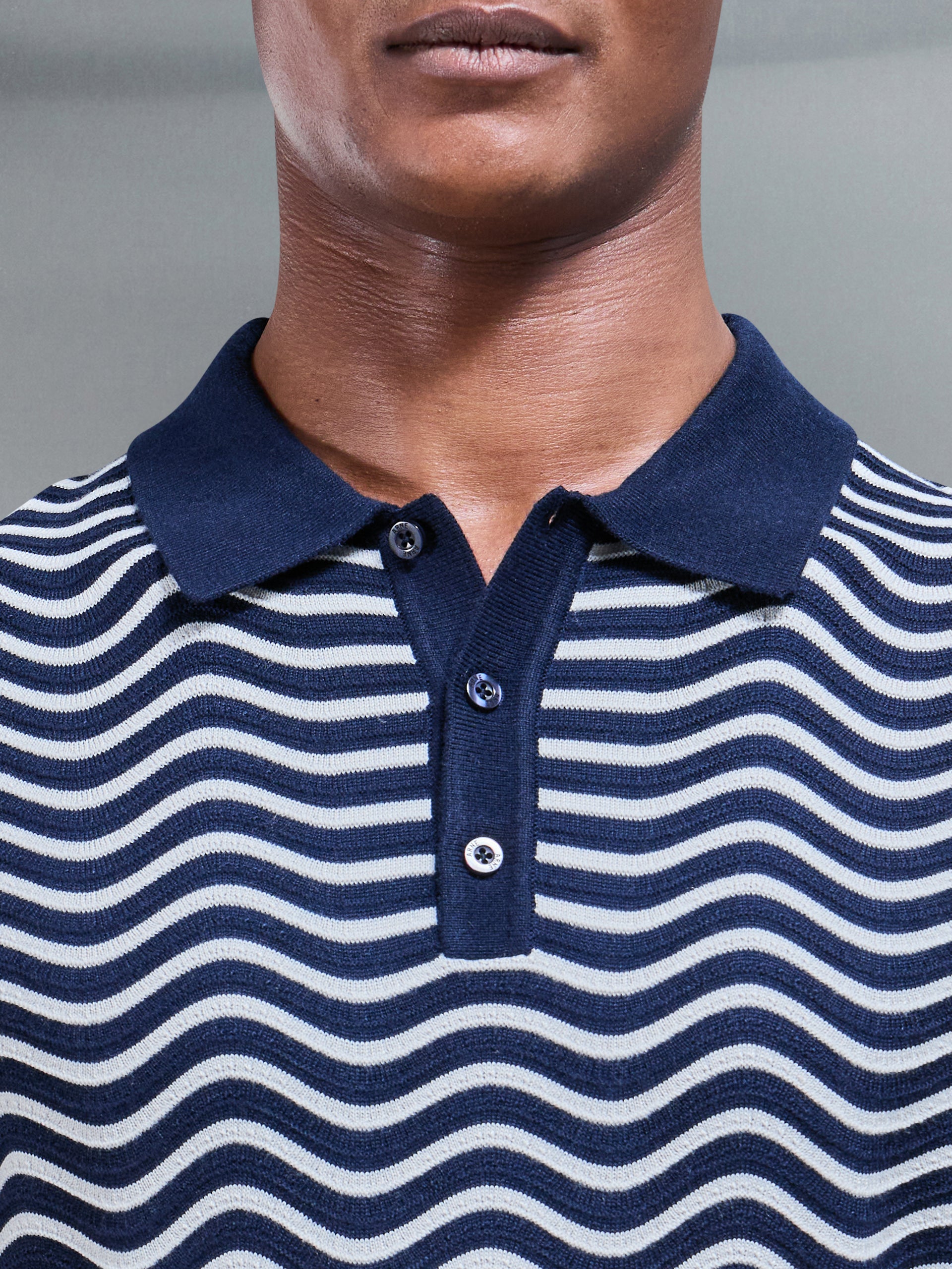 Wave Knitted Button Polo Shirt in Navy Mid Grey
