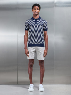 Wave Knitted Button Polo Shirt in Navy Mid Grey