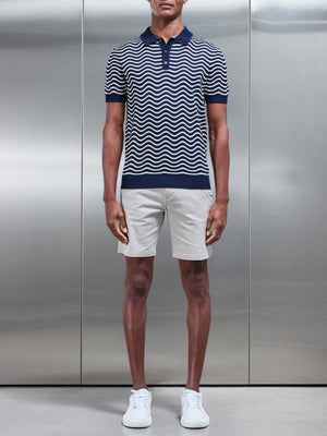 Wave Knitted Button Polo Shirt in Navy Mid Grey