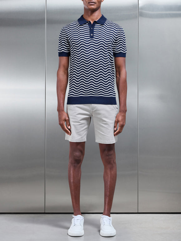 Wave Knitted Button Polo Shirt in Navy Mid Grey