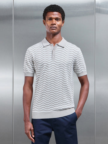 Wave Knitted Button Polo Shirt in Stone White