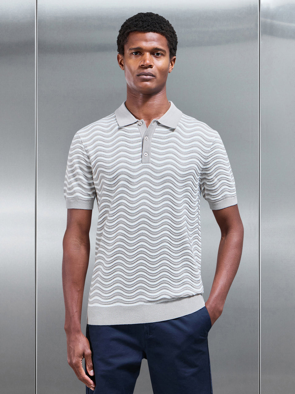 Wave Knitted Button Polo Shirt in Stone White