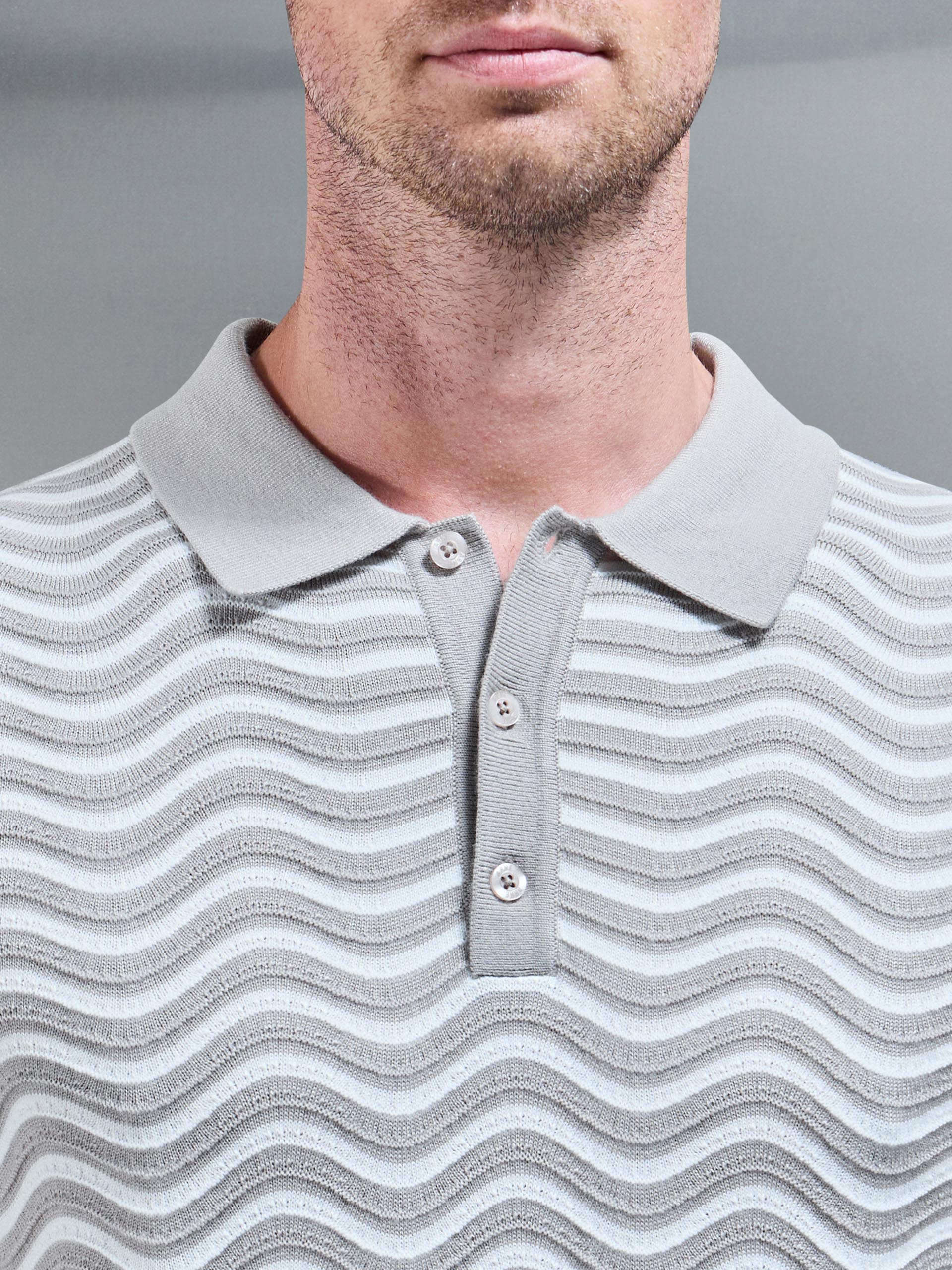 Wave Knitted Button Polo Shirt in Stone White