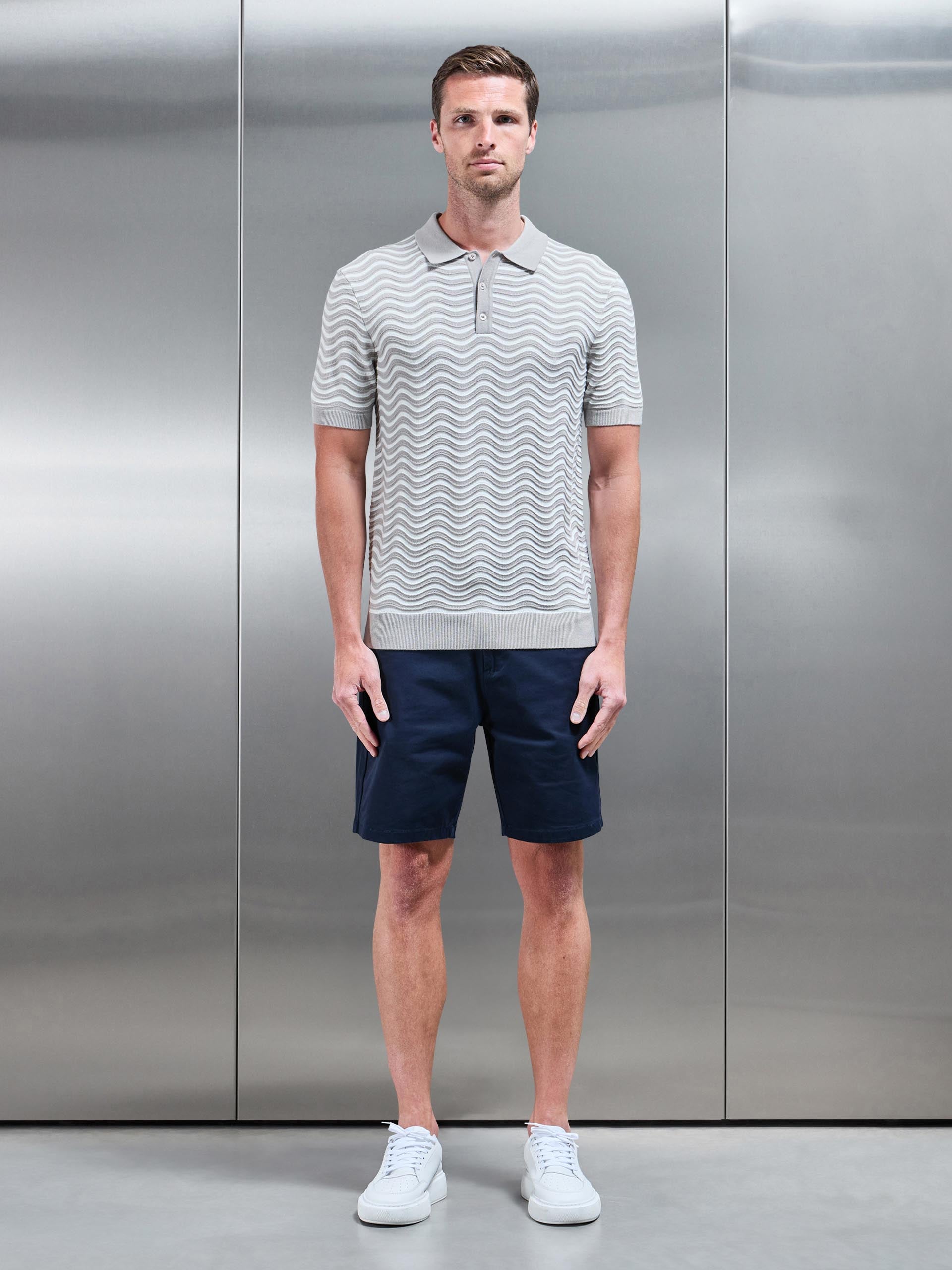 Wave Knitted Button Polo Shirt in Stone White