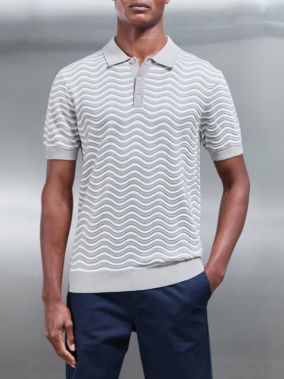 Wave Knitted Button Polo Shirt in Stone White