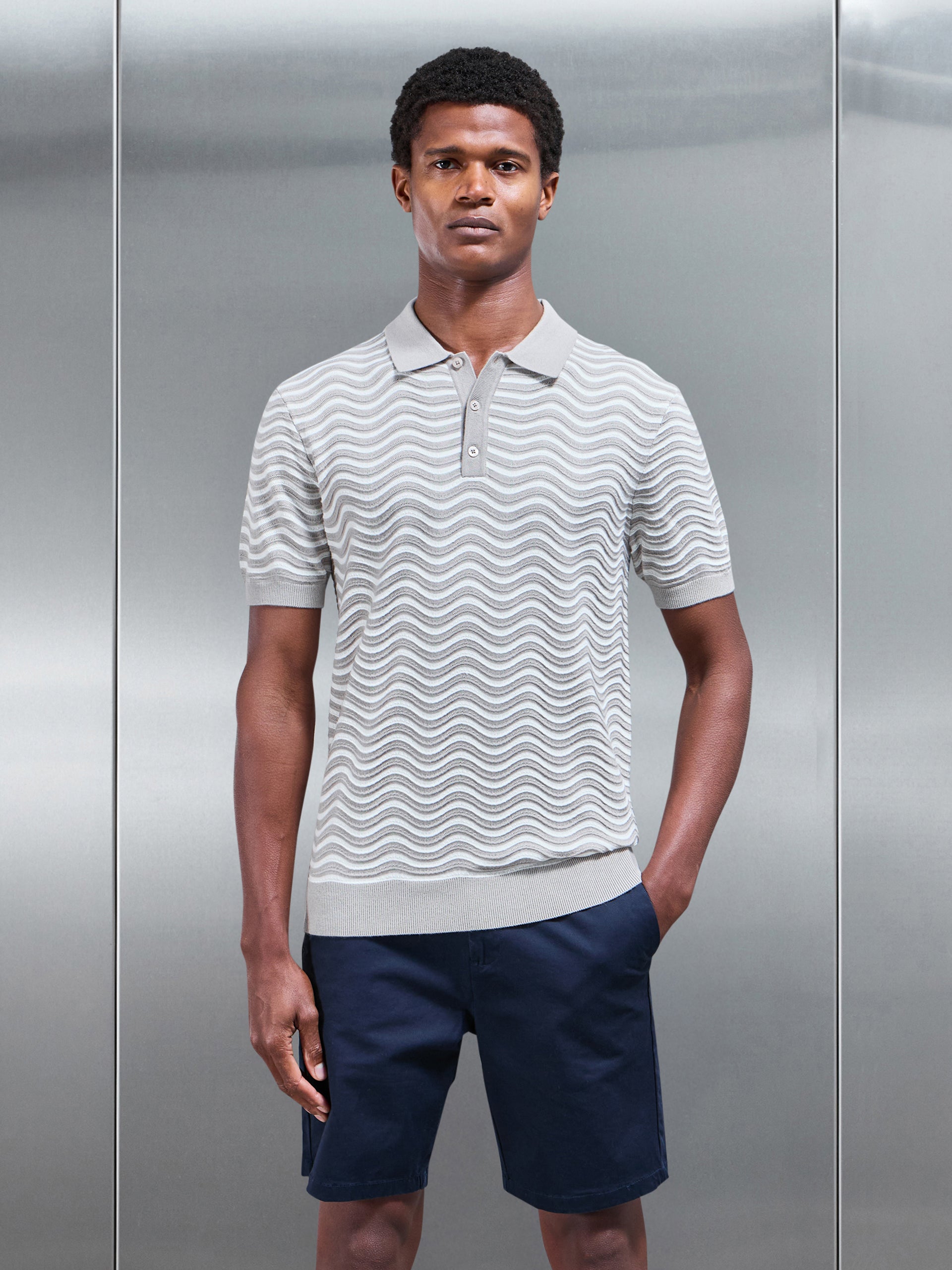 Wave Knitted Button Polo Shirt in Stone White