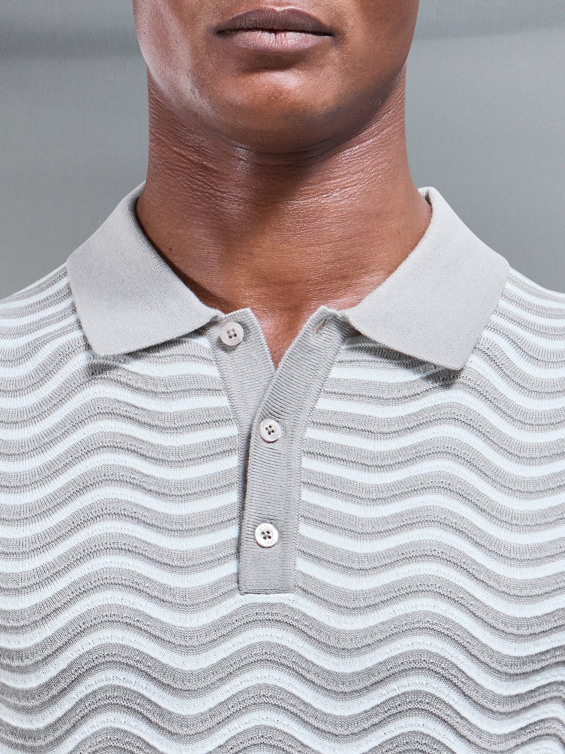Wave Knitted Button Polo Shirt in Stone White