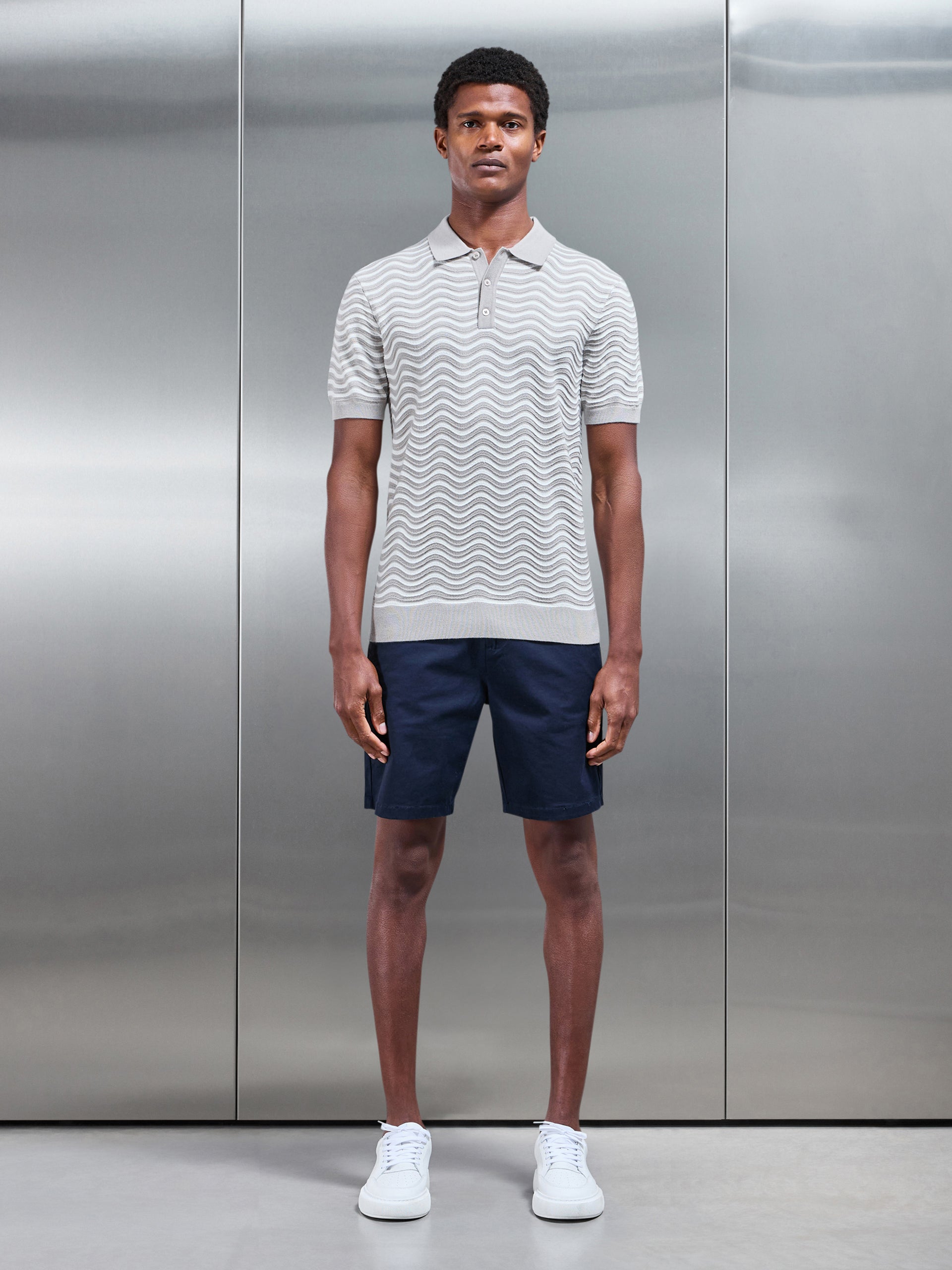 Wave Knitted Button Polo Shirt in Stone White