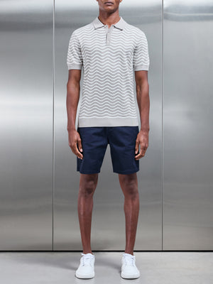 Wave Knitted Button Polo Shirt in Stone White