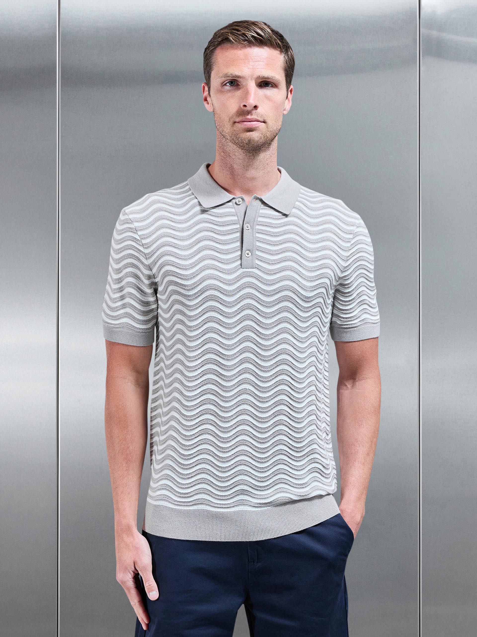 Wave Knitted Button Polo Shirt in Stone White