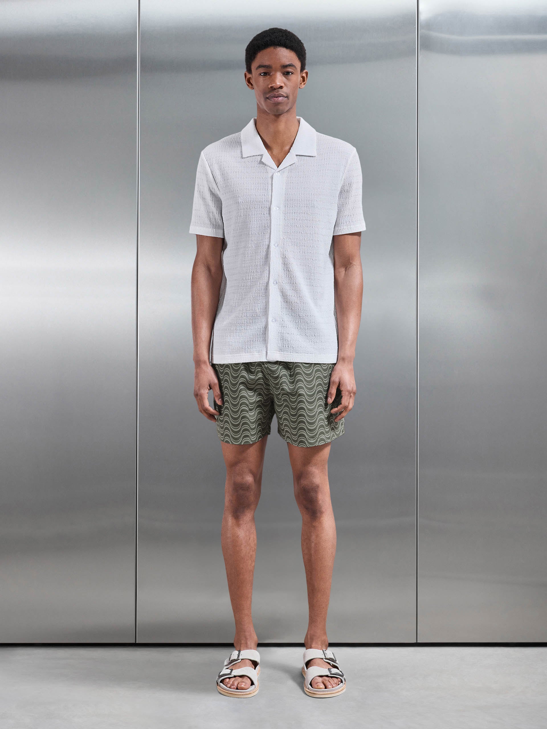 Wave Printed Drawstring Swim Short in Sage