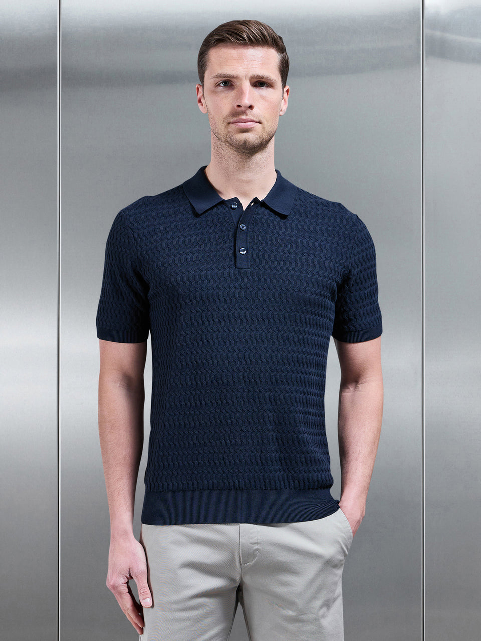 Wave Textured Knitted Button Polo Shirt in Navy