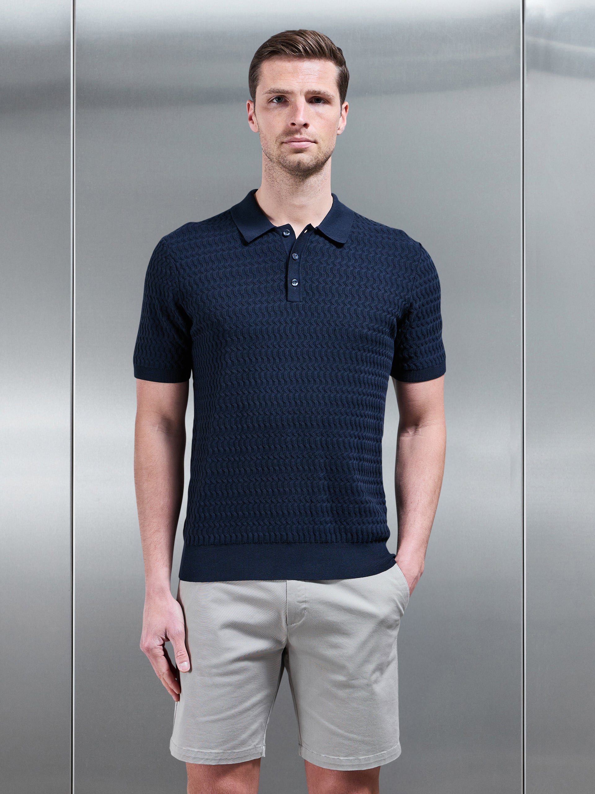 Wave Textured Knitted Button Polo Shirt in Navy