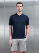 Wave Textured Knitted Button Polo Shirt in Navy
