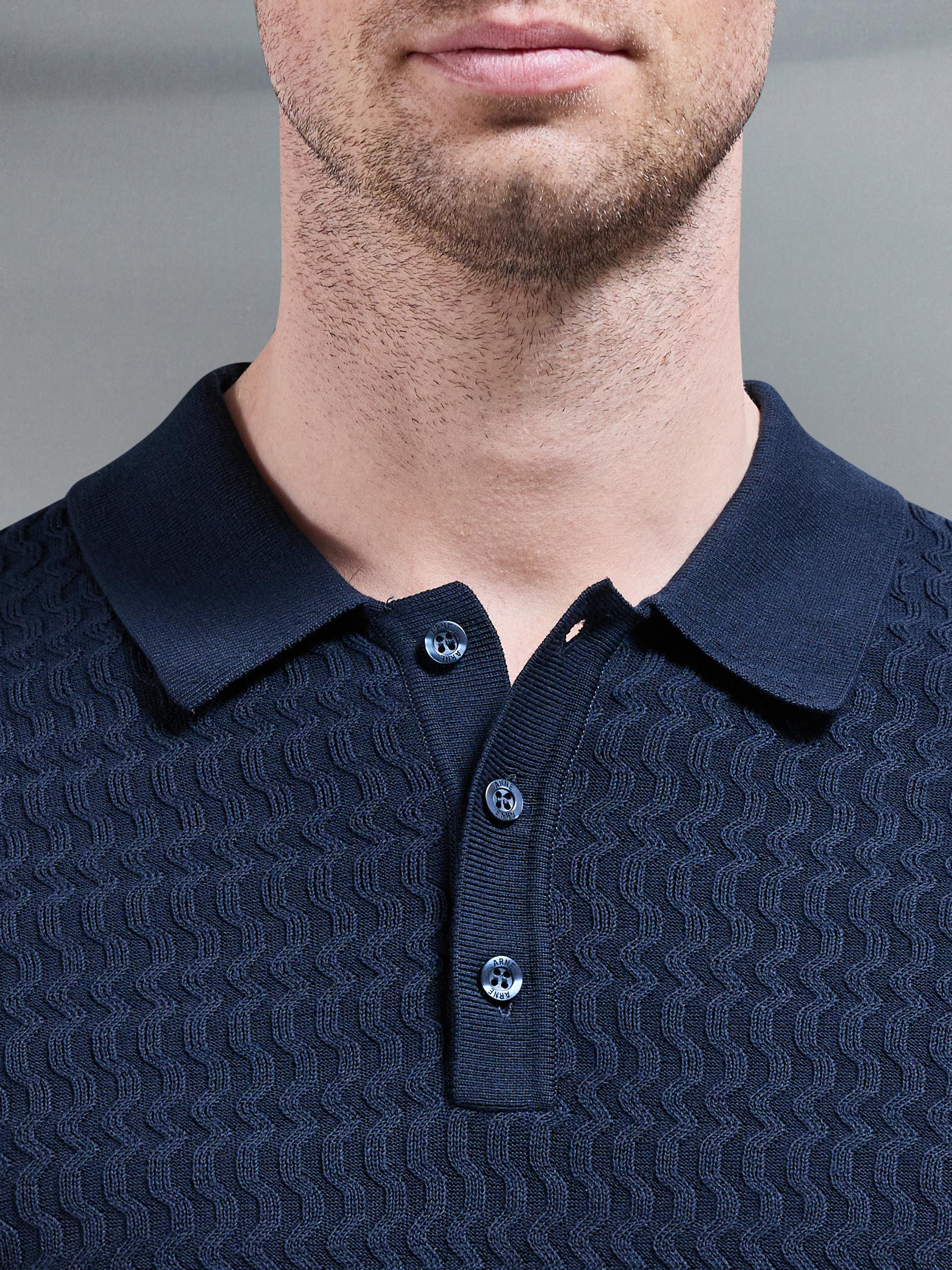 Wave Textured Knitted Button Polo Shirt in Navy