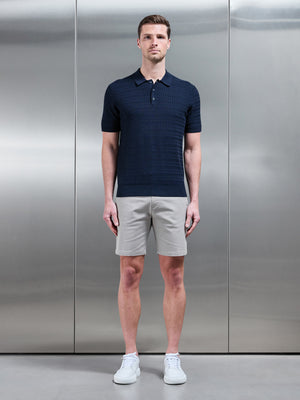 Wave Textured Knitted Button Polo Shirt in Navy