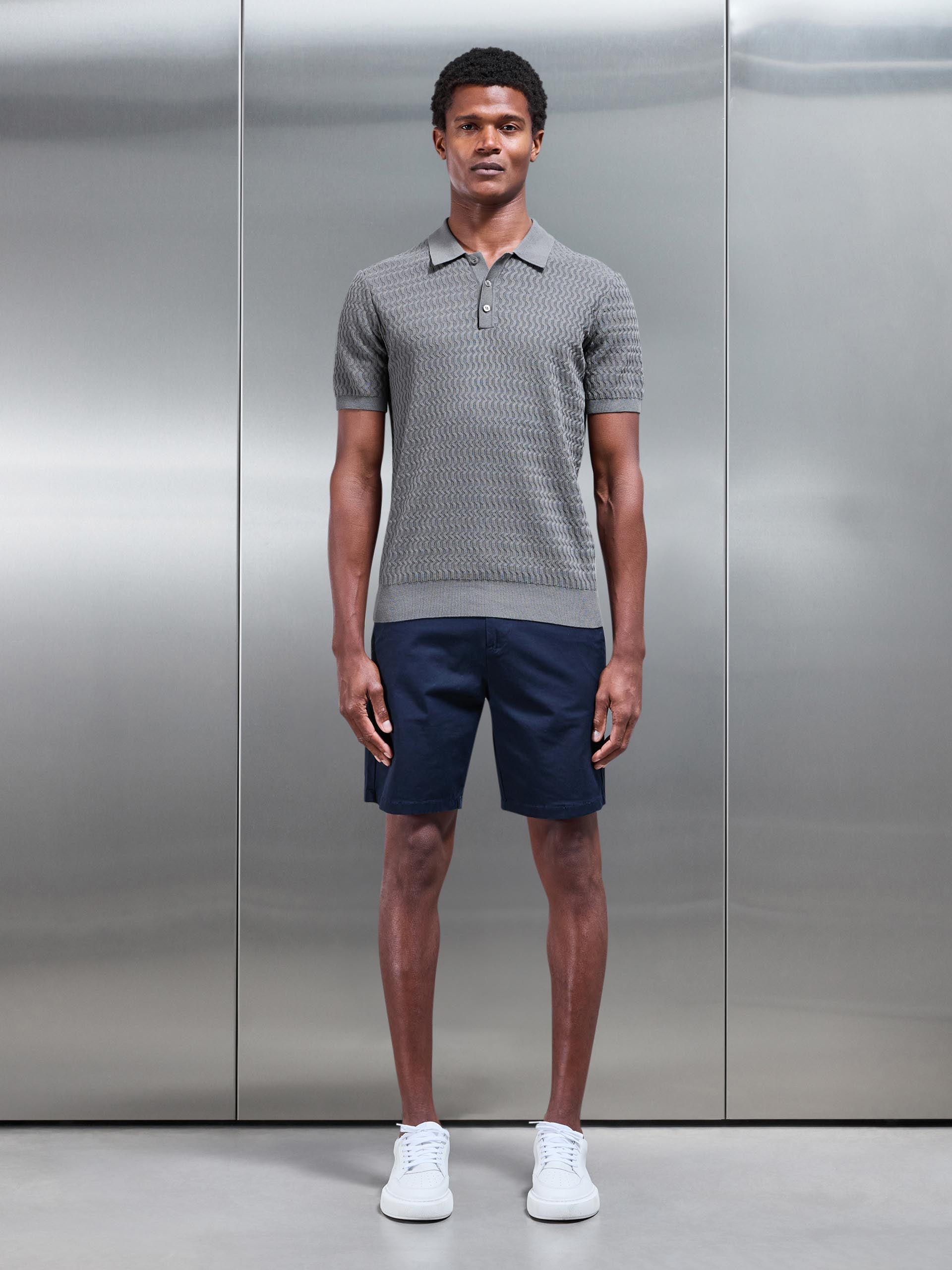 Wave Textured Knitted Button Polo Shirt in Sage