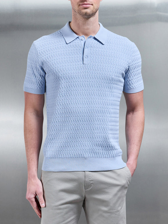 Wave Textured Knitted Button Polo Shirt in Soft Blue