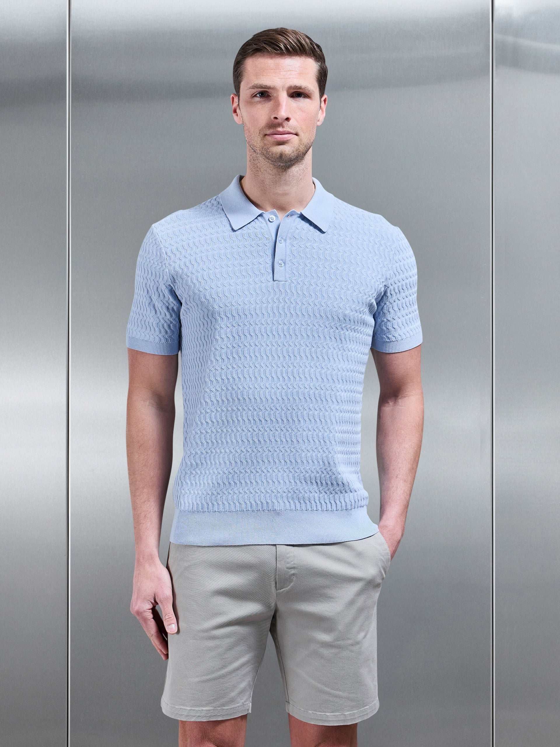 Wave Textured Knitted Button Polo Shirt in Soft Blue