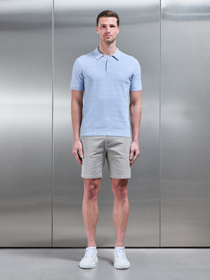 Wave Textured Knitted Button Polo Shirt in Soft Blue