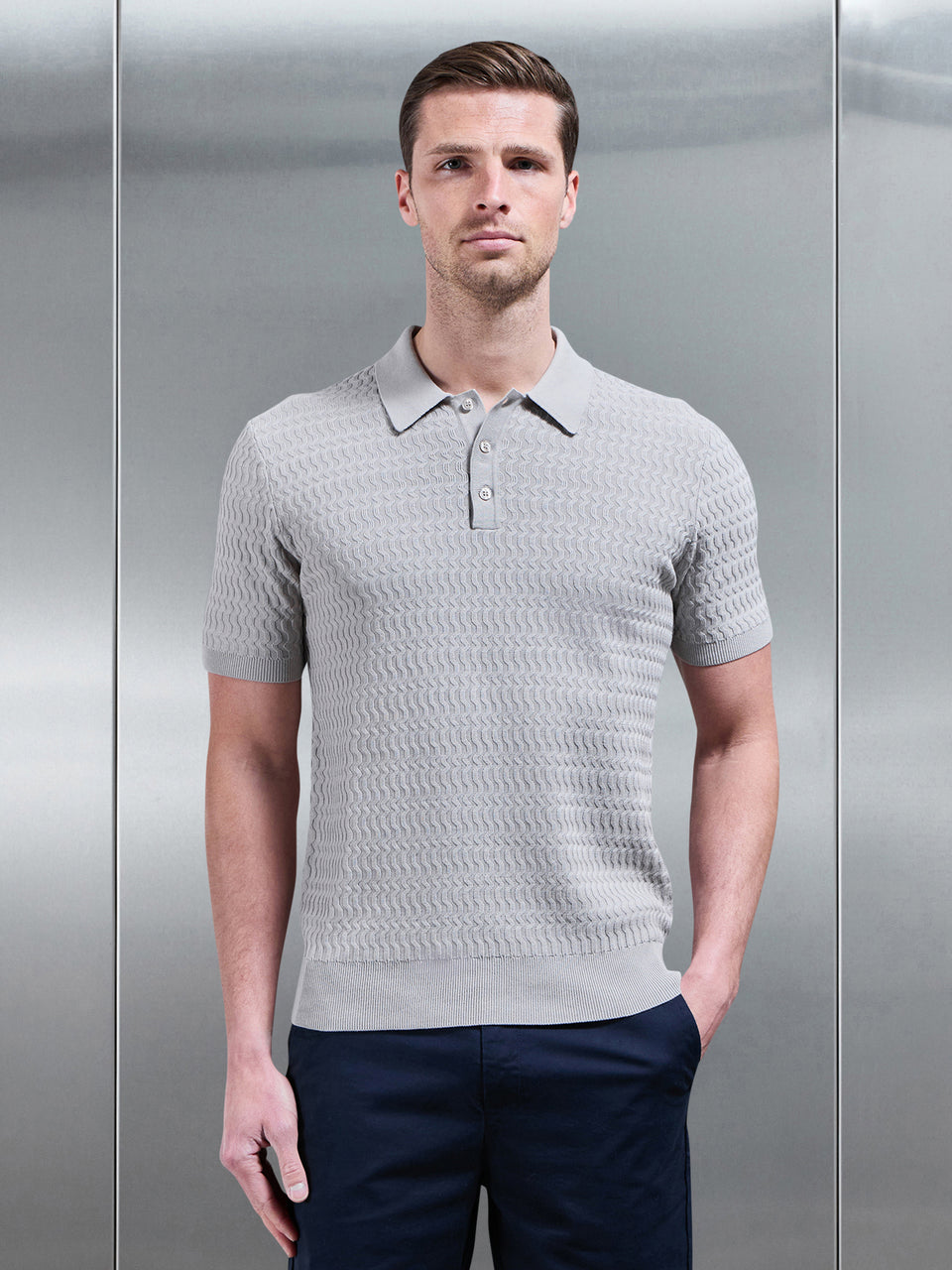 Wave Textured Knitted Button Polo Shirt in Stone