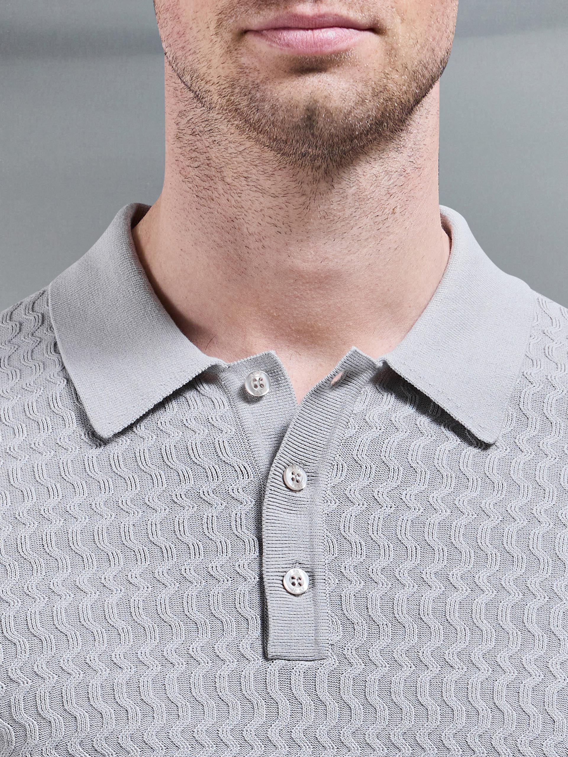 Wave Textured Knitted Button Polo Shirt in Stone