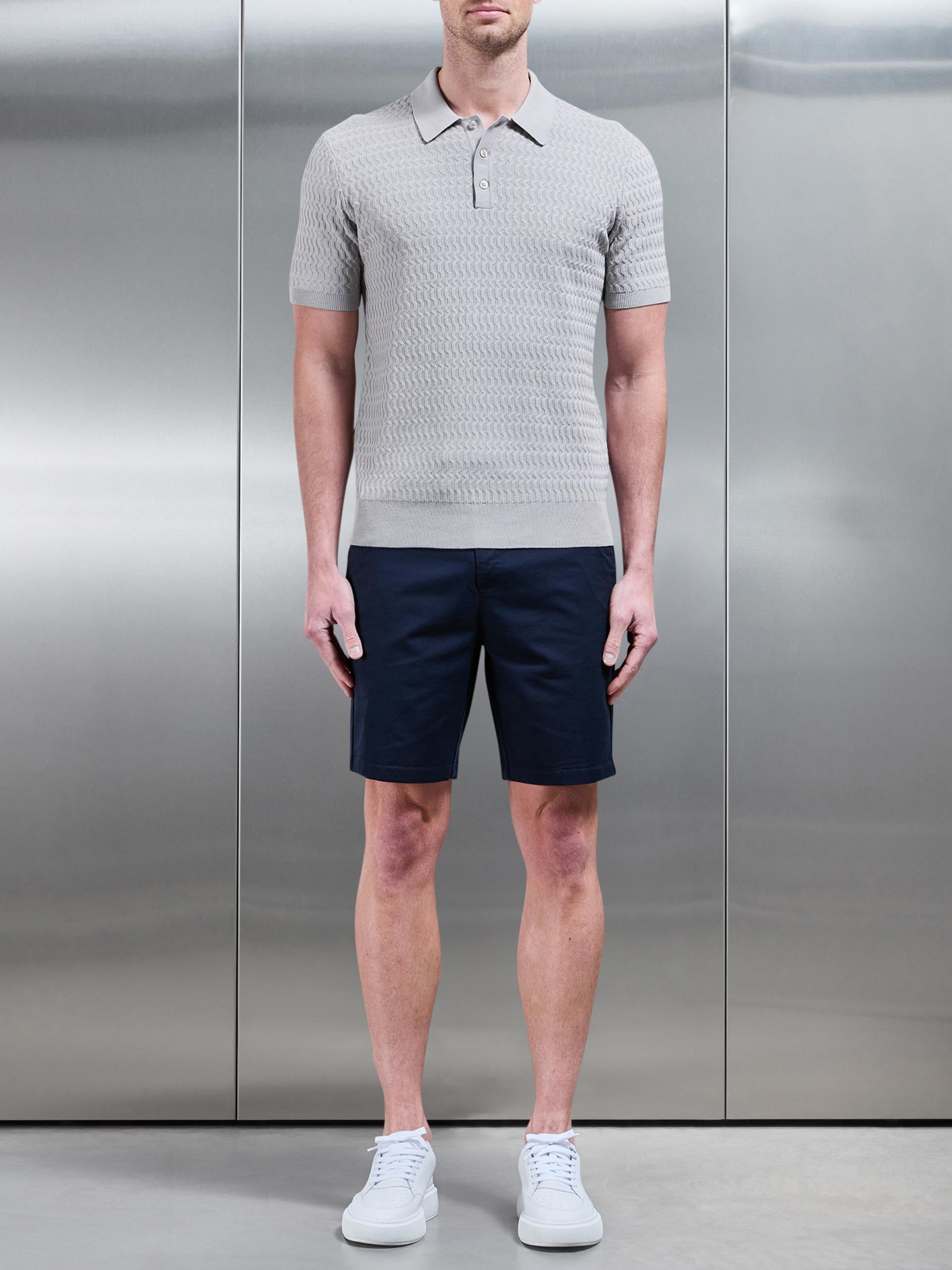 Wave Textured Knitted Button Polo Shirt in Stone