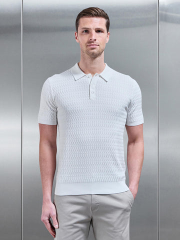 Wave Textured Knitted Button Polo Shirt in White
